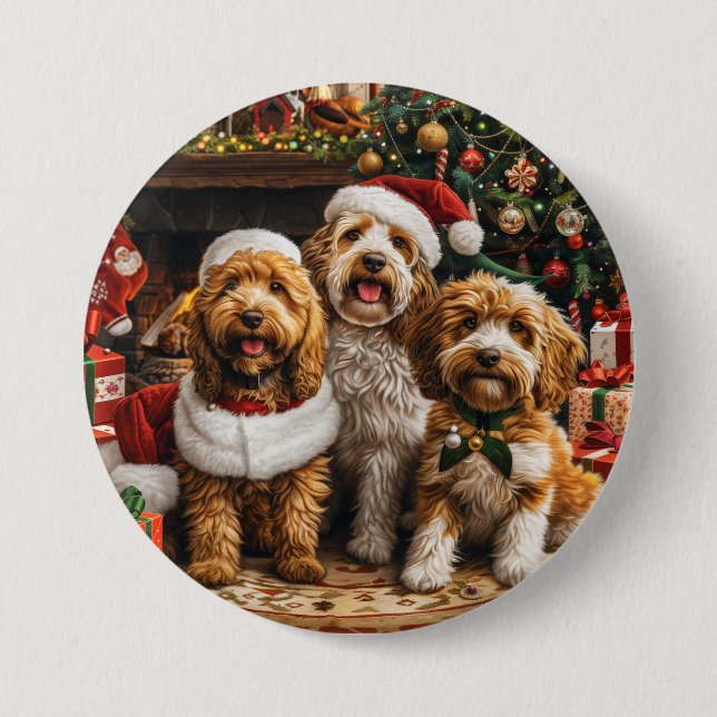 Christmas Goldendoodle Puppy Dogs Button (Front)