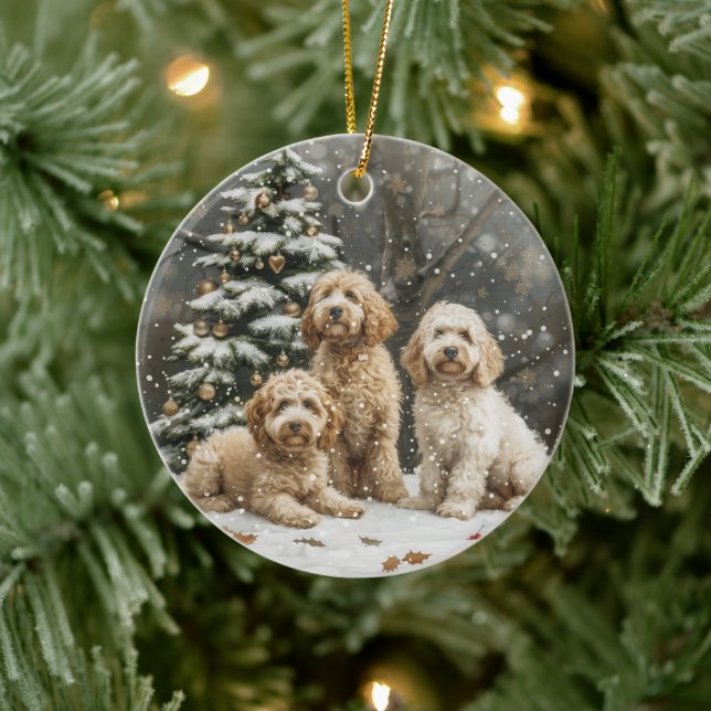 Christmas Goldendoodle Puppy Dogs Ceramic Ornament (Tree)