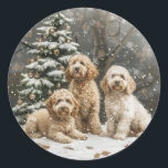 Christmas Goldendoodle Puppy Dogs Classic Round Sticker<br><div class="desc">Cute illustration of Goldendoodle dogs dressed in holiday attire. Perfect for pet lovers and owners during the holiday season.</div>