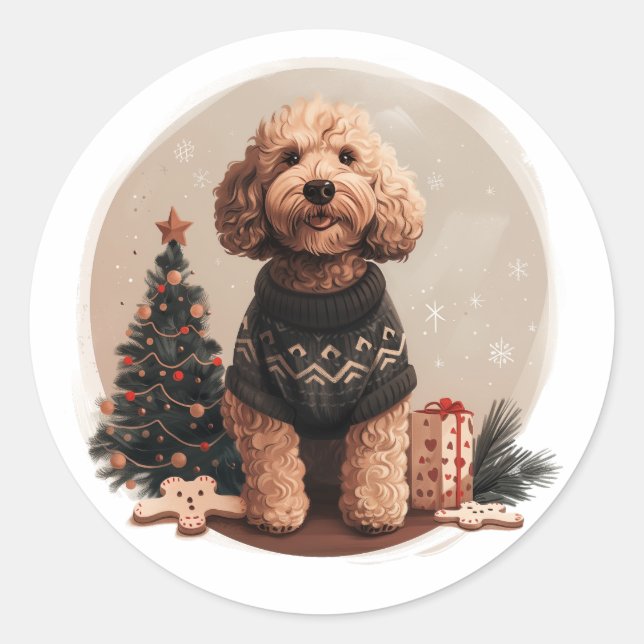 Christmas Goldendoodle Puppy Dogs Classic Round Sticker (Front)