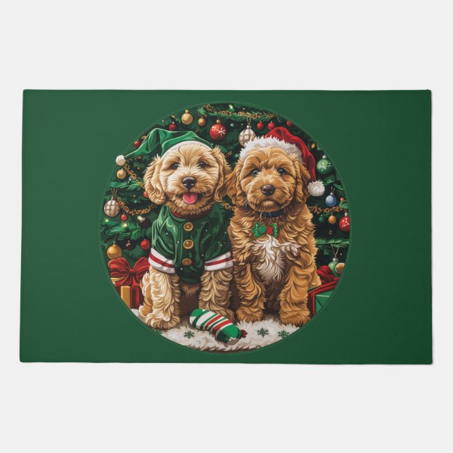 Christmas Goldendoodle Puppy Dogs Doormat (Front)