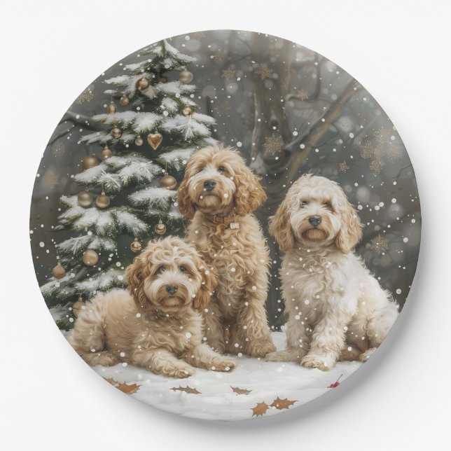 Christmas Goldendoodle Puppy Dogs Paper Plates (Front)
