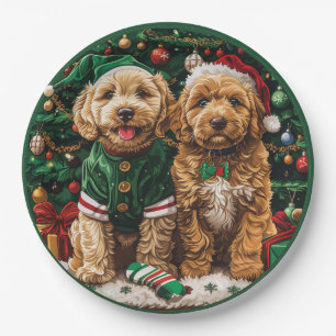 Christmas Goldendoodle Puppy Dogs Paper Plates