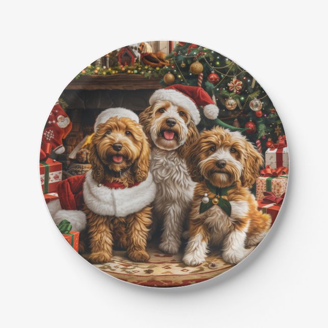 Christmas Goldendoodle Puppy Dogs Paper Plates (Front)