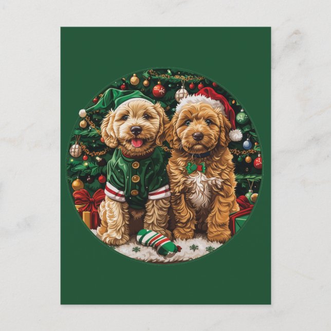 Christmas Goldendoodle Puppy Dogs Postcard (Front)