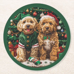 Christmas Goldendoodle Puppy Dogs Round Paper Coaster