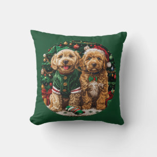 Christmas Goldendoodle Puppy Dogs Throw Pillow