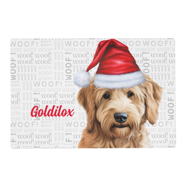 Christmas Goldendoodle Santa Dog with Name Pet Placemat (Front)