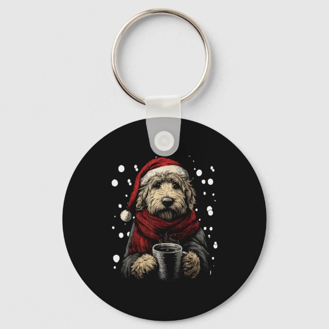 Christmas Goldendoodle Santa Hat Coffee Lover Funn Keychain (Front)