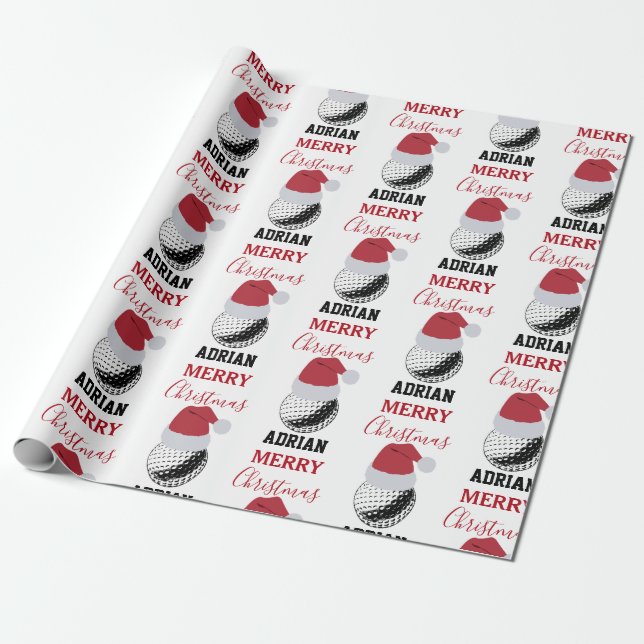 Christmas Golf Ball Sports Custom Name Wrapping Paper (Unrolled)