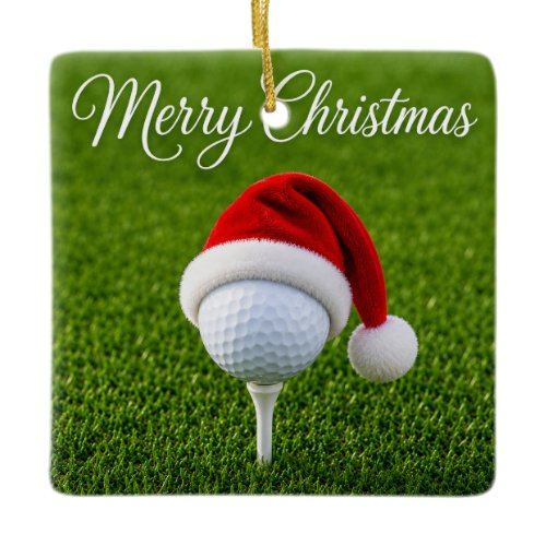 Christmas Golf Ball with Santa Hat on Tee on Green Ceramic Ornament