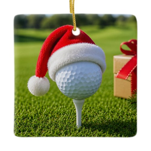 Christmas Golf Ball with Santa Hat on Tee on Green Ceramic Ornament
