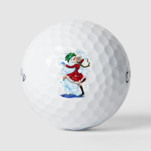 Christmas Golf Balls Gift Snowman and Girl Dance