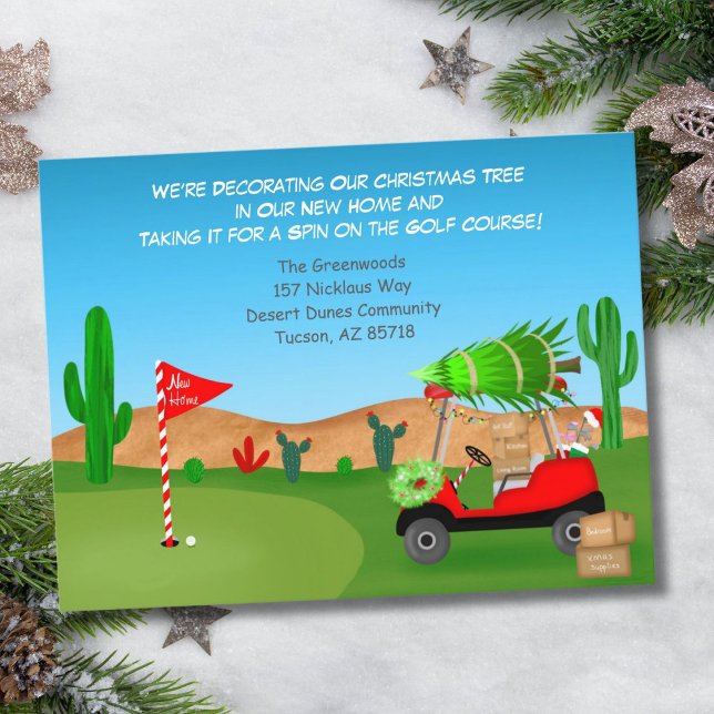 Christmas Golf Cart  Moving Boxes Desert Course Announcement Postcard (Creator Uploaded)