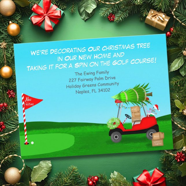 Christmas Golf Cart With Moving Boxes Golf Course Announcement Postcard (Creator Uploaded)