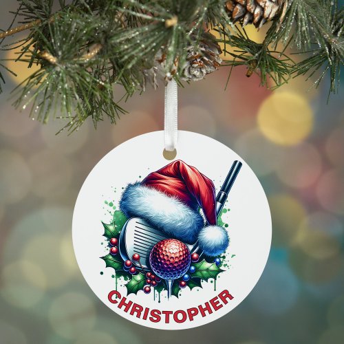Christmas Golf Club &amp; Ball Custom Name Metal Ornament