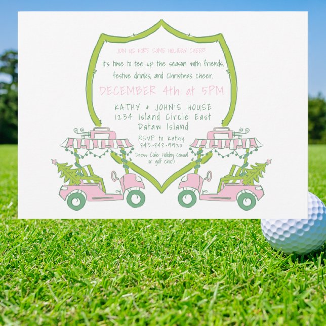 Christmas Golf Party Pink Golf Carts Green Crest Invitation (Creator Uploaded)