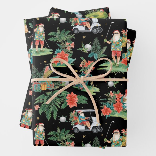 Christmas Golf Summer Santa Watercolor Pattern  Wrapping Paper Sheets (In situ)