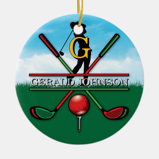 Christmas Golfer Monogram  Design Ceramic Ornament (Front)