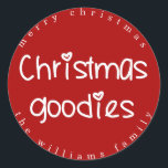 Christmas Goodies - Personalized Red Classic Round Sticker<br><div class="desc">NewParkLane - Red stickers with quote 'Christmas Goodies' in a cute hand lettered white typography. The letter i has a heart. Add your own name or other text in the easy-to-use text templates, for a personalized design and choose the background color of your liking. A perfect design for packaging or...</div>
