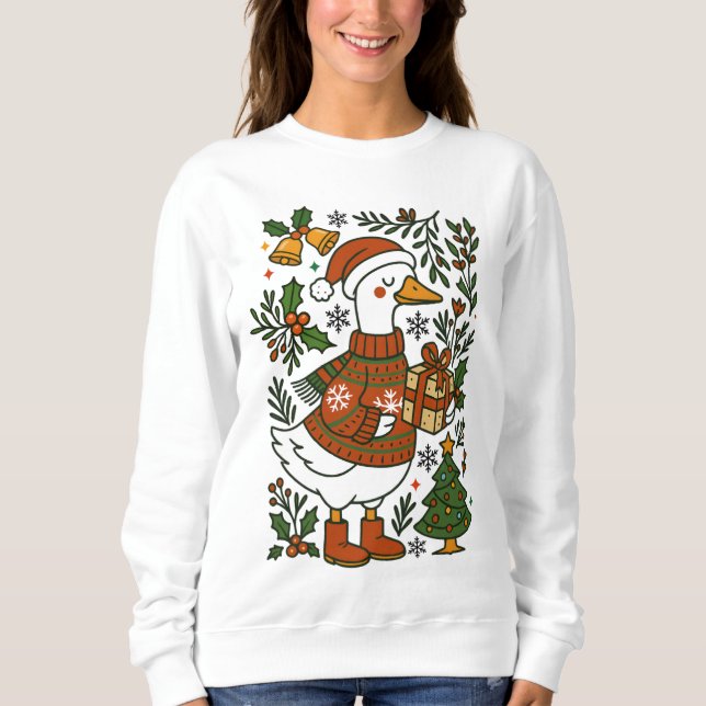 Christmas Goose Cute Winter Holiday Floral Sweatshirt (Front)