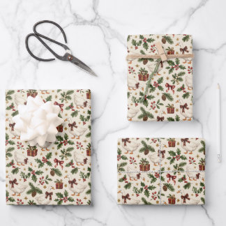 Christmas Goose Evergreens Holly Botanicals Wrapping Paper Sheets
