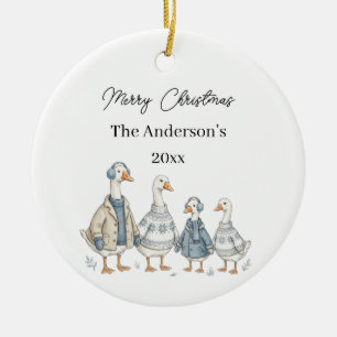 Christmas Goose Family Blue Watercolor Ceramic Ornament