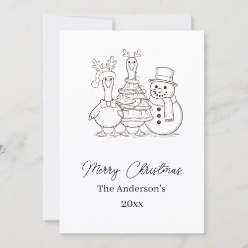 Christmas Goose Family Doodle black white modern Holiday Card