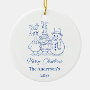 Christmas Goose Family Doodle blue modern Ceramic Ornament