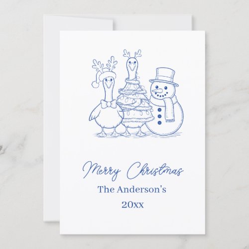 Christmas Goose Family Doodle blue modern Holiday Card