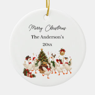 Christmas Goose Family Party Watercolor Ceramic Ornament