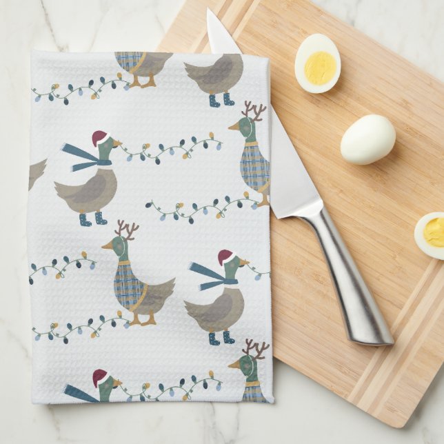 Christmas Goose On White Kitchen Towel (Quarter Fold)