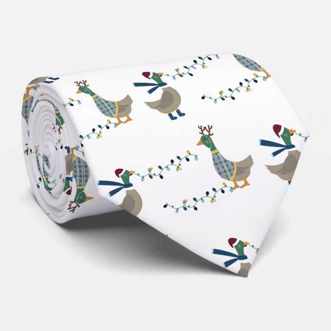 Christmas Goose On White Neck Tie (Rolled)