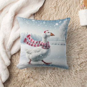 Christmas Goose Walking in Snowflakes Throw Pillow