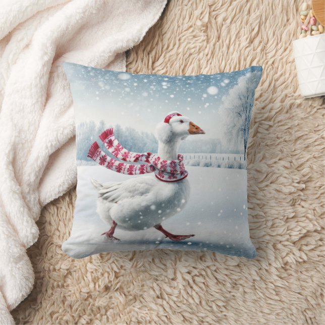 Christmas Goose Walking in Snowflakes Throw Pillow (Blanket)