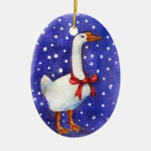 Christmas Goose with red bow ornament