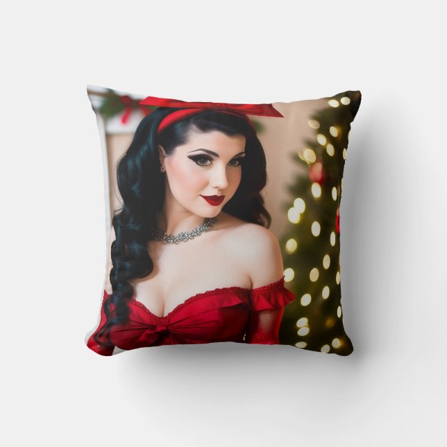 Christmas Goth Girl Holly Holiday Ornament Throw Pillow (Front)
