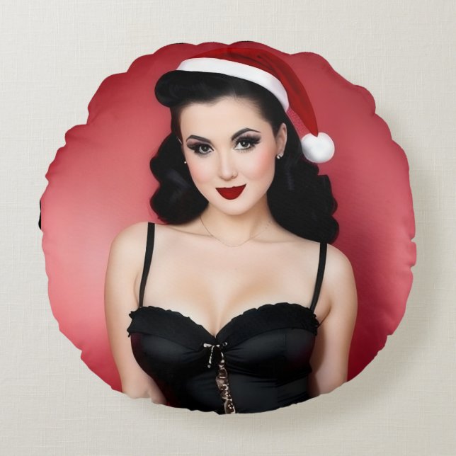 Christmas Goth Girl in Hat Round Throw Pillow (Front)