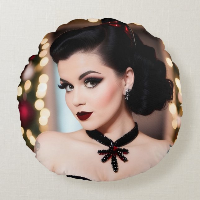 Christmas Goth Girl Xmas Round Throw Pillow (Front)