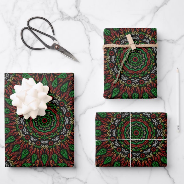 Christmas Gothic Stained Glass Leaves Mandala Wrapping Paper Sheets (Front)