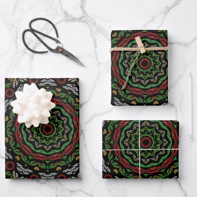Christmas Gothic Stained Glass Leaves Mandala Wrapping Paper Sheets (Front)
