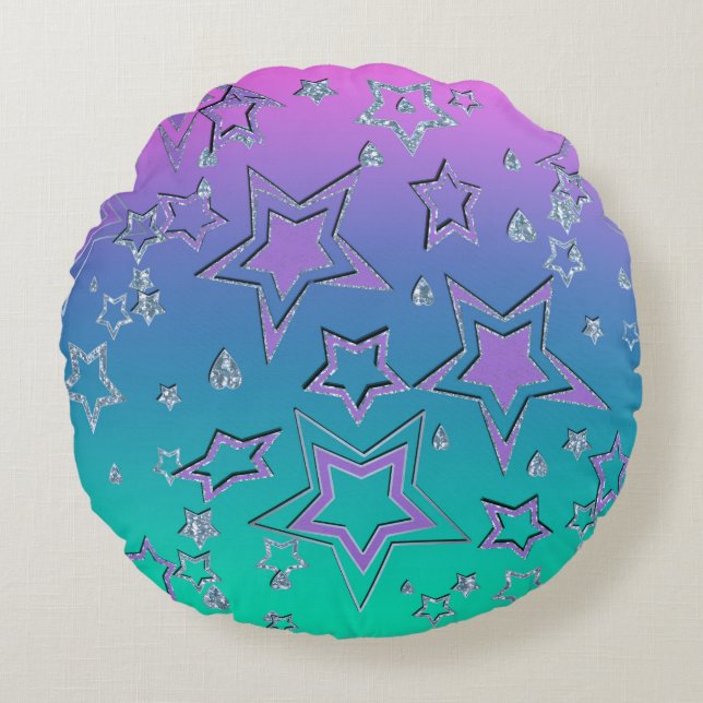 Christmas gradient glitter shine confetti stars fu round pillow (Front)