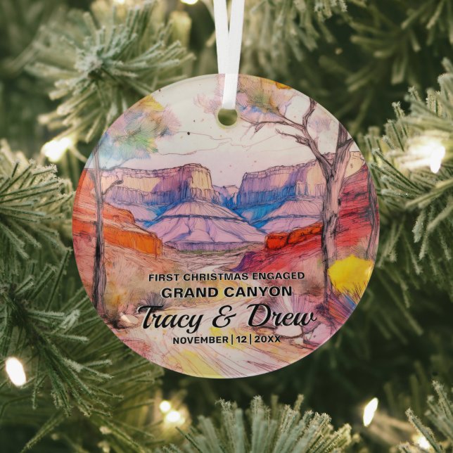 Christmas Grand Canyon Adventure Couple Engaged Glass Ornament (Insitu)