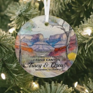Christmas Grand Canyon Adventure Engaged Couple Glass Ornament