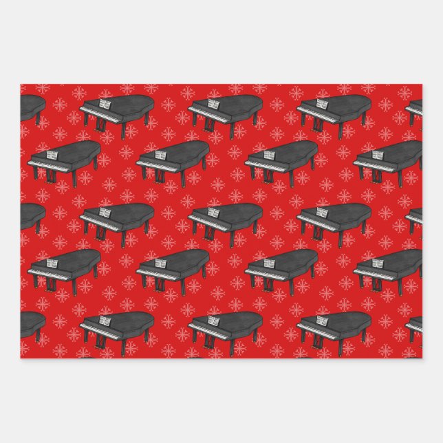 Christmas Grand Piano Pianist Musician Pattern Wrapping Paper Sheets (Front)