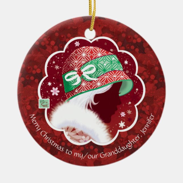 Christmas, Granddaughter, Girl in red hat Ceramic Ornament (Front)