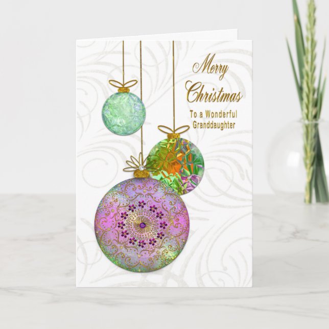 Christmas Granddaughter Ornate Tree Ornaments Holiday Card (Front)