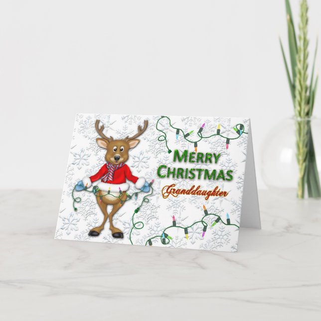 Christmas - Granddaughter - Reindeer/Lights Holiday Card (Front)