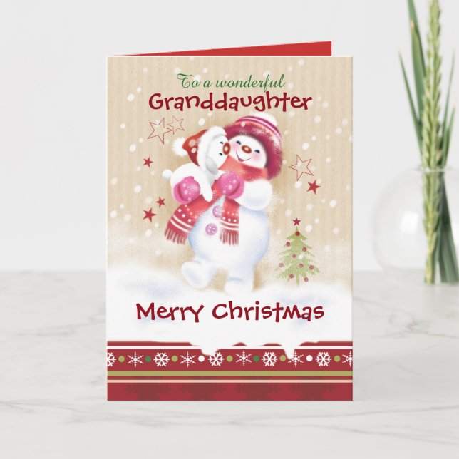 Christmas, Granddaughter. Snow Child hugs Snow Pup Holiday Card (Front)