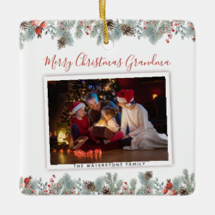 Christmas Grandma Family Photo Botanical Ceramic Ornament